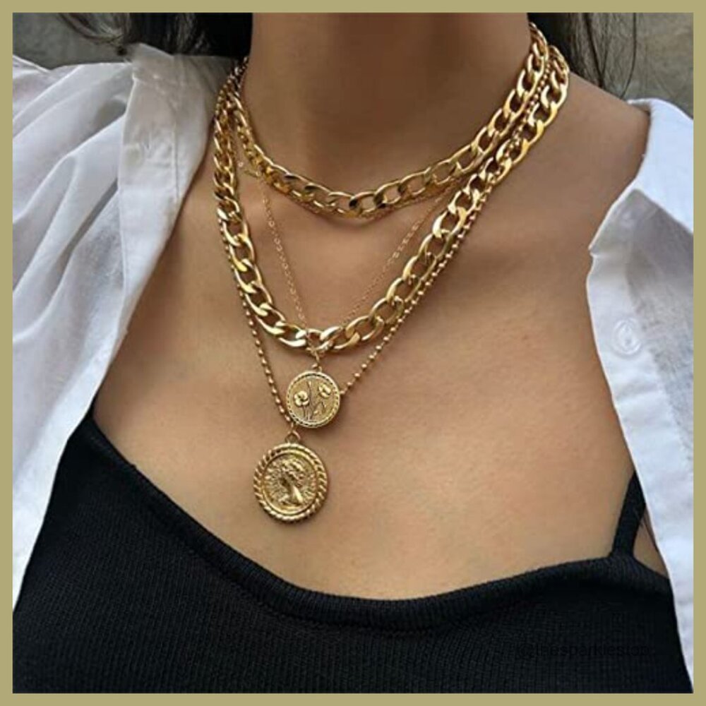 Gold Layered Necklace Set with Coin Pendant, 3 Piece Chain Necklaces - Picture 2 of 7